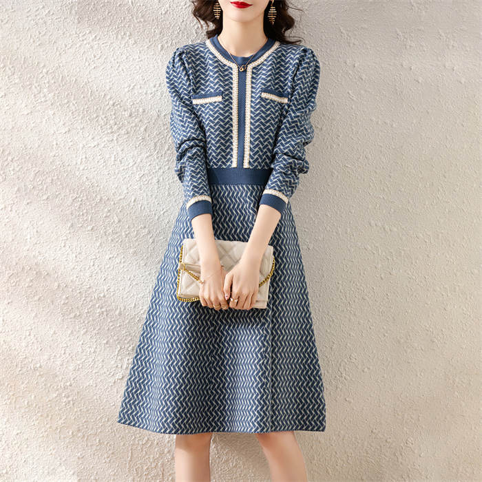 ワンピース長袖フレアワンピースワンピース膝丈ワンピース膝丈膝上丈Iレディース春秋冬秋秋エレガント春秋冬秋秋幾何柄ハイウエストシンプルきれいめ通勤OL着痩せ203040