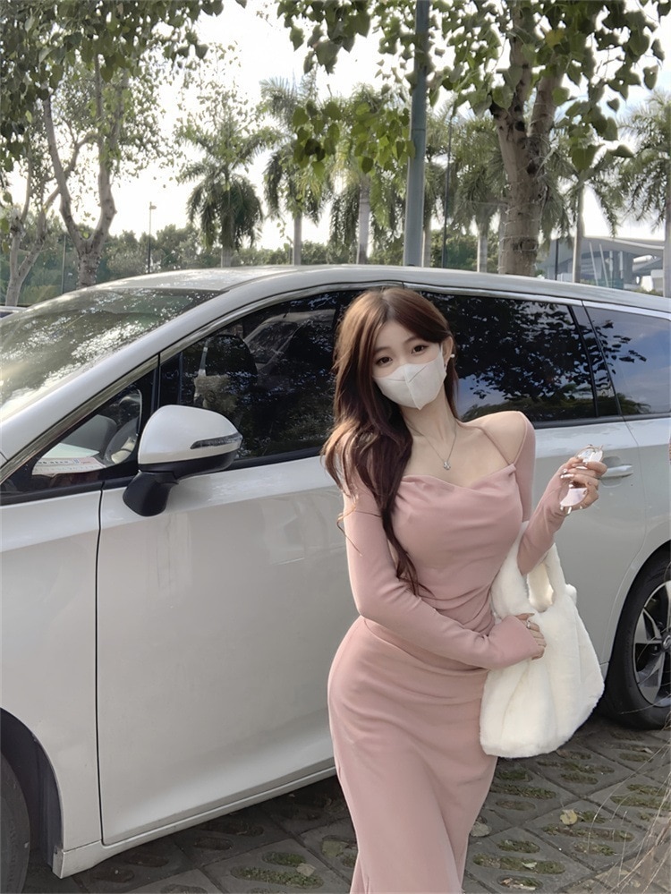 韓国ファッション ワンピース フォーリンスタイル 一字肩掛け 毛磨き スクエアネック 首掛けワンピース セクシー sweet系 タイトスカート ロングスカート スリム