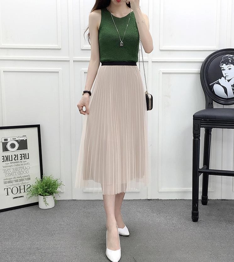 3126.ウエストゴムシフォンプリーツスカート（アプリコット）