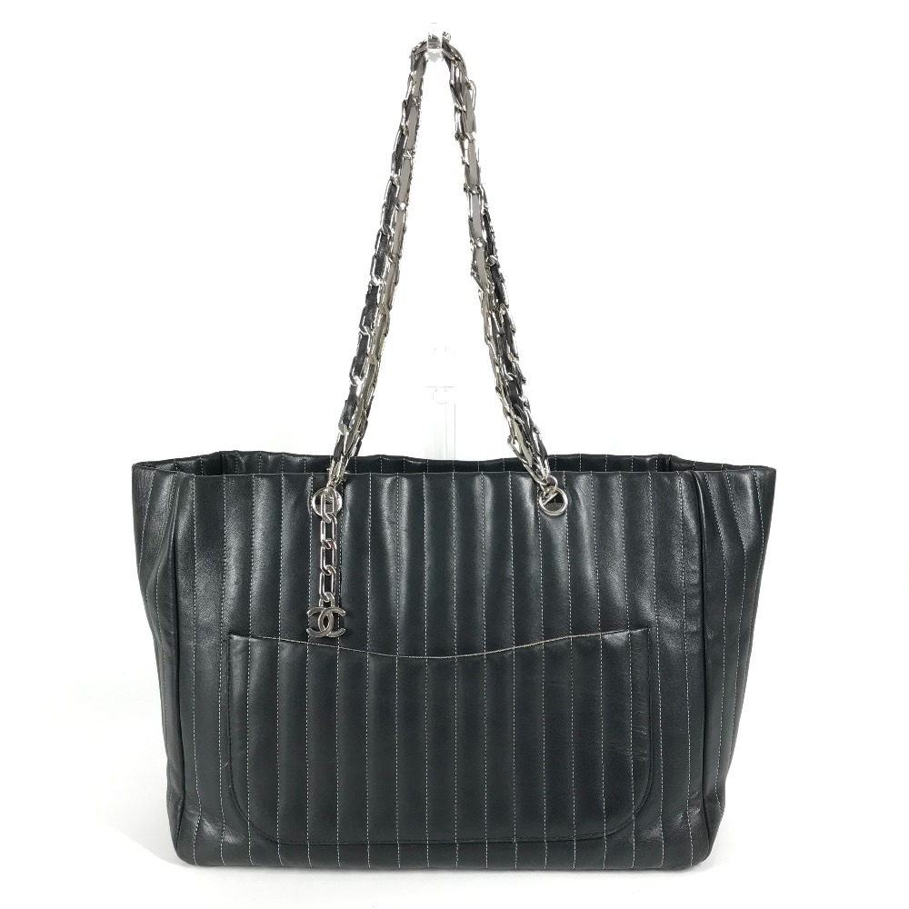 ショルダーバッグ ストライプ CC ココマーク ロゴ Wチェーン 肩掛け トートバッグ レザー ブラック