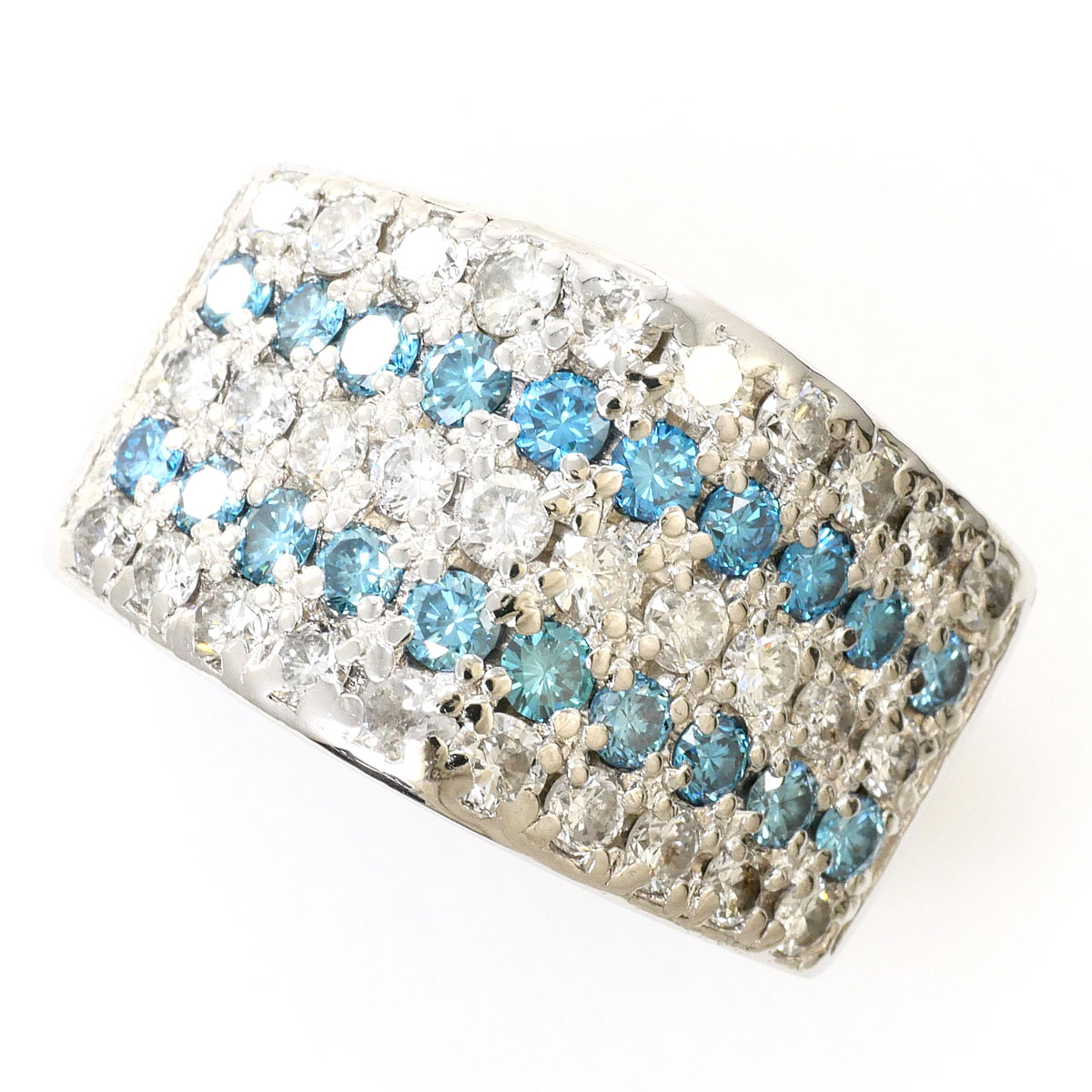 PT900 プラチナ リング・指輪 11号 ブルーダイヤ（トリートメント） 0.64ct ダイヤモンド 0.95ct カード鑑別書 総重量約11.2g 中古