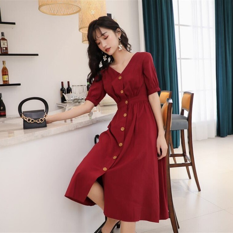 ワンピース ロングスカート 半袖 Vネック Aライン ハイウエスト ボタン 大人可愛い きれいめ シンプル カジュアル 大人 上品 おしゃれ かっこいい 大人可愛い こなれ感 クール モード系