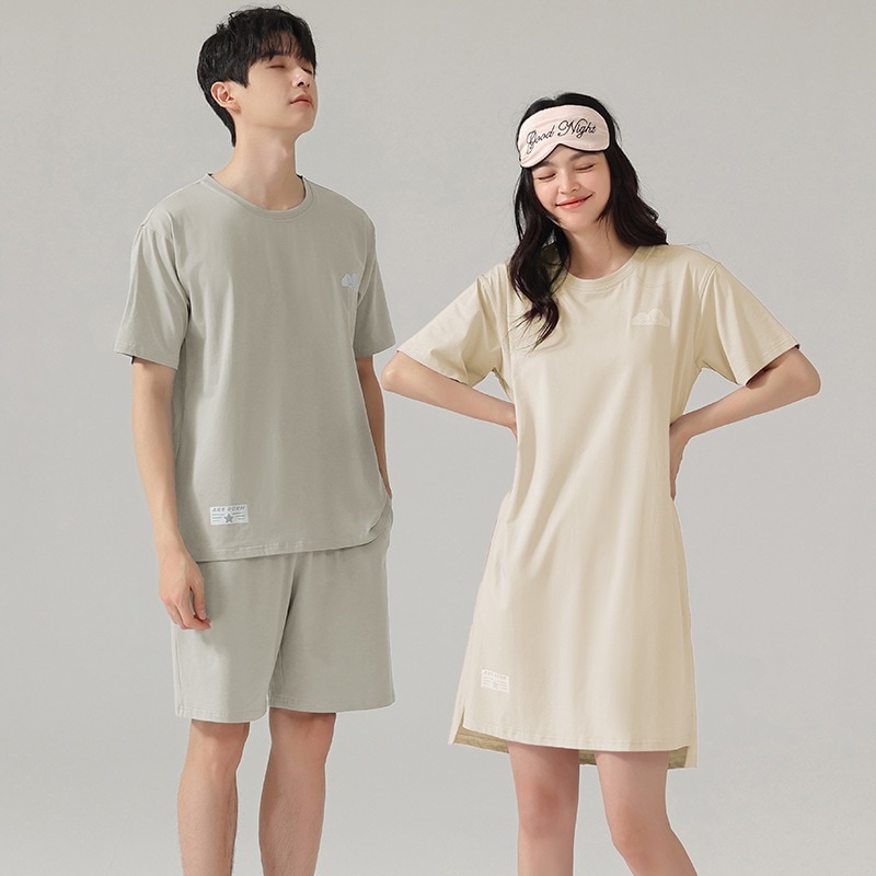 カップルパジャマ女性夏薄手モーダルクールコットンショーツセットアイスシルクナイトガウンホーム服メンズ