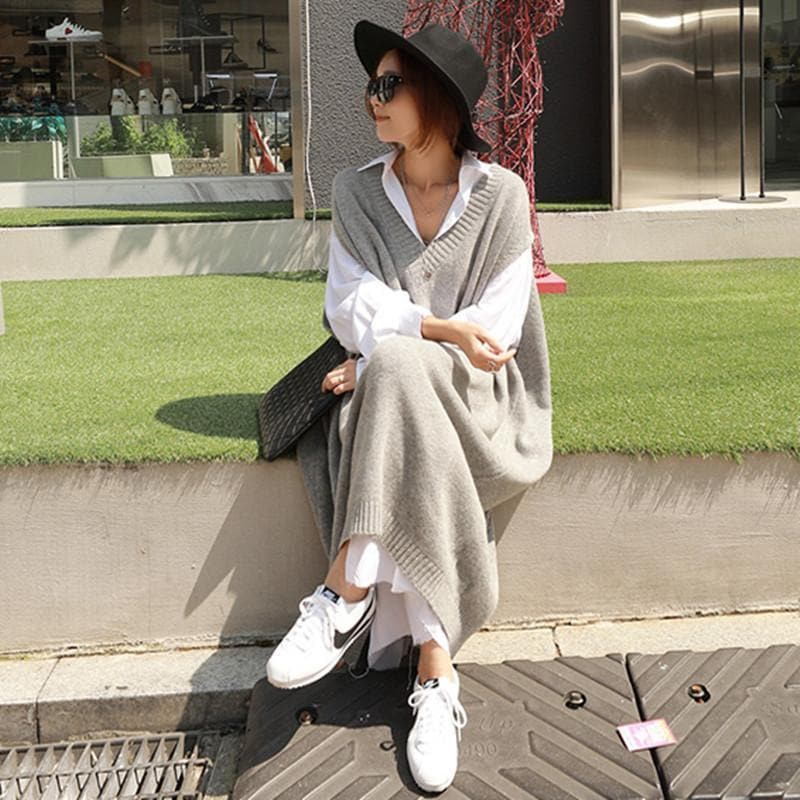 ジャンパースカート ニットワンピース ロング丈 Vネック ワンピース 春秋 冬 カジュアル シンプル マキシ丈 ミディアム丈 コーデ おしゃれ