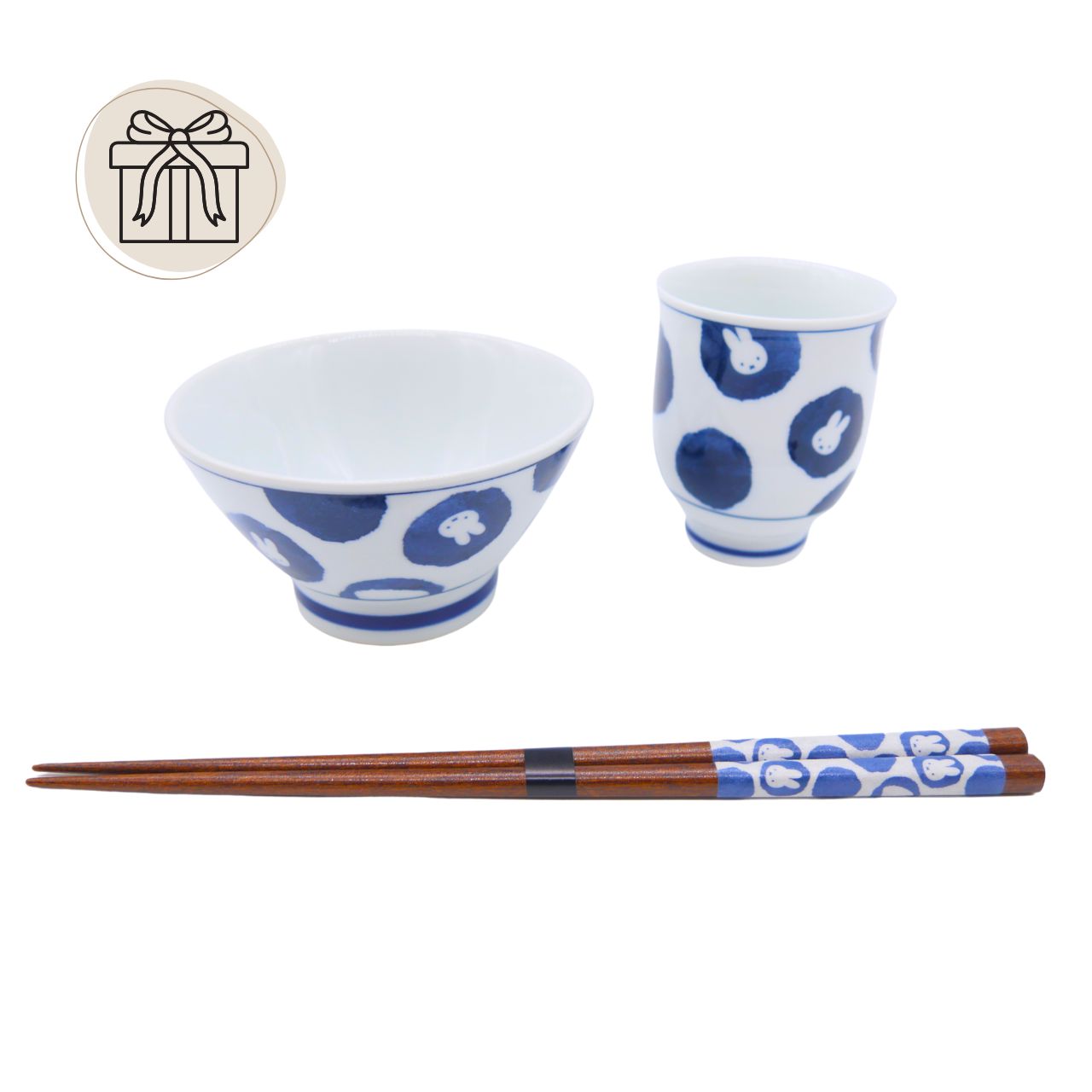 ミッフィー　波佐見焼 和食器　湯呑み　ゆのみ　(水玉)　お箸　茶碗　三点セット【ラッピング済】　焼酎グラス　お湯割り　カップ　来客用　プレゼント　贈り物