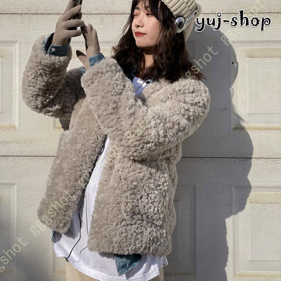 ノーカラーボアブルゾン ボアジャケット レディース もこもこ オーバーサイズ カジュアルボア 襟なし 軽量 ノーカラー くすみカラー 無地 大きいサイズ