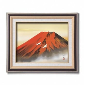 伊藤渓山　日本画額F6　（黒）　13296/赤富士
