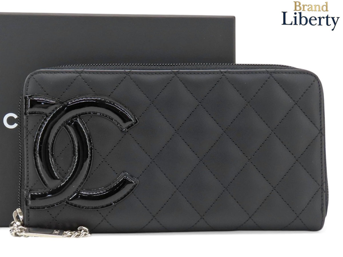超美品シャネルCHANELカンボンラインココマークラウンドファスナー長財布ブラックブラックエナメルピンクカーフスキンA50078