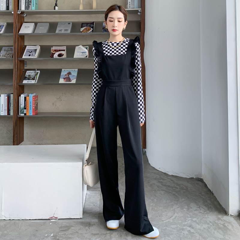 オーバーオール サロペット オールインワン パンツドレス ストレート レディース 黒 ブラック 無地 フリル かわいい 大人可愛い かっこいい おしゃれ カジュアル こなれ感 S Ｍ L XL レトロ
