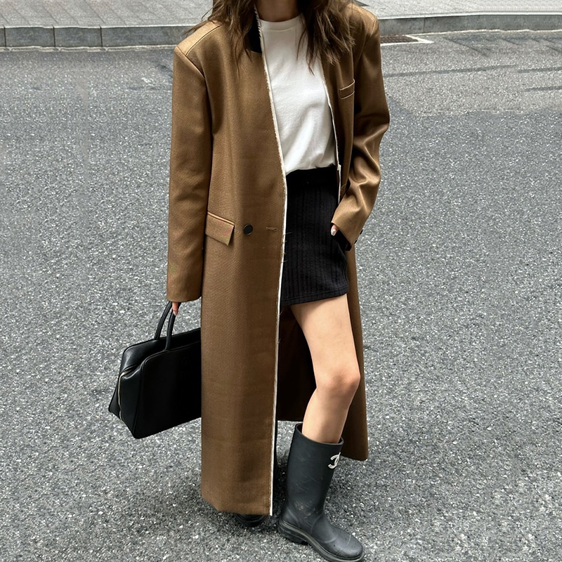 レディース コート アウター 上着 ノーカラーコート ロング 長袖 Vネック フェミニン ストリート バイカラー かわいい 大人可愛い きれいめ シンプル カジュアル 上品 おしゃれ かっこいい