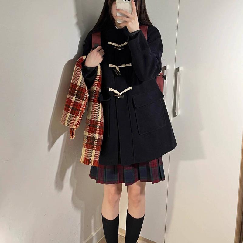 JKとホーンのロールプレイングボタン大学のHye-miコスプレスタイルフード付き小柄な中長のハイエンドドレス冬のウールの女性のための甘いコスプレコート