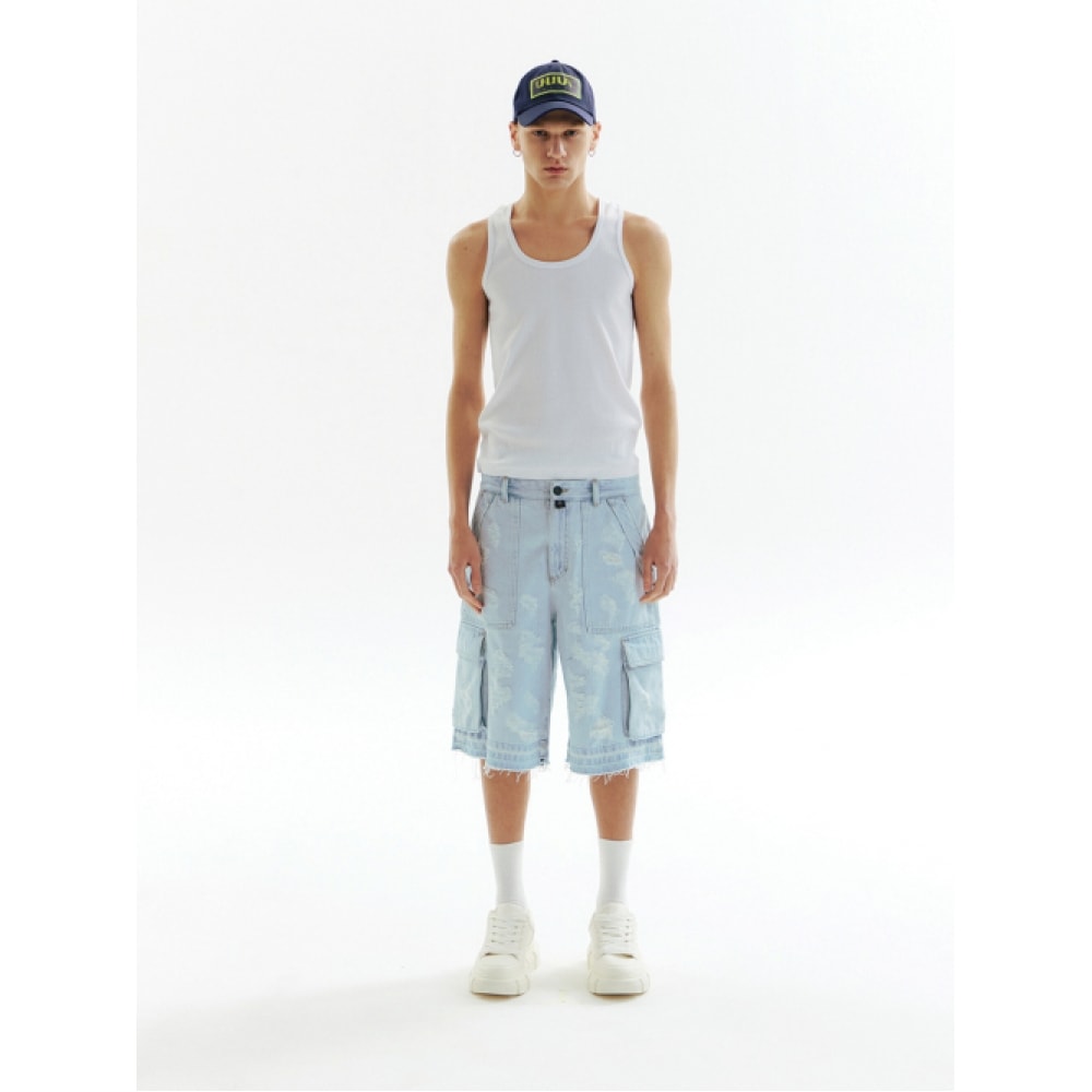CHOWOO ダメージブルーカーゴデニムショーツ_CW1A_B04MBL