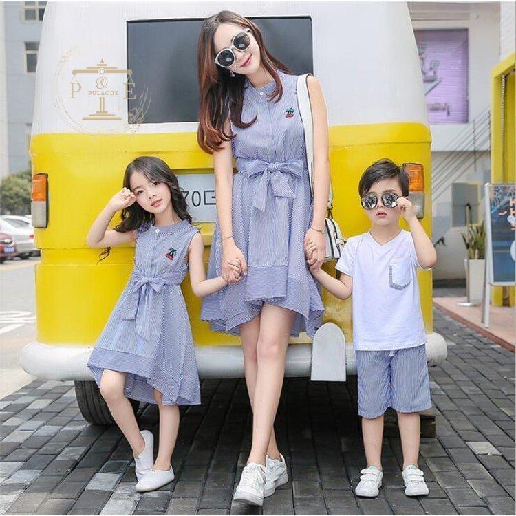 親子ペアルック ストライブ ワンピース 母と娘お揃い 母と息子お揃い 2点上下セット Tシャツ＆半ズボン 夏 親子おそろい服 親子服 ママ 女の子用 男の子用 4,843円
