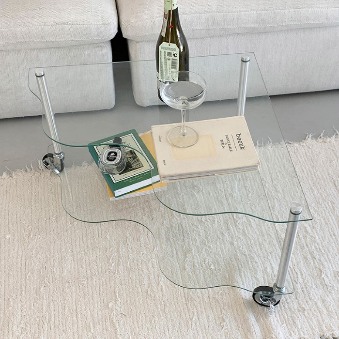 ウェーブトロリーサイドテーブル 韓国インテリア 透明ガラス シルバーフレーム ソファテーブル アルミニウム 63.5×63.5×38.5cm