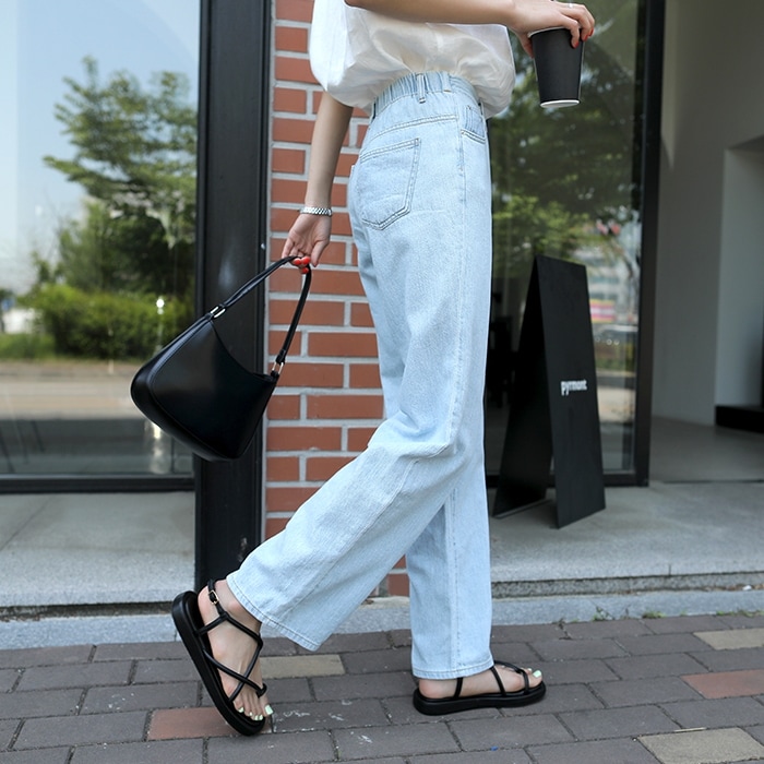 [韓国ファッション] バックゴムウエスト リネンライクデニムワイドパンツ