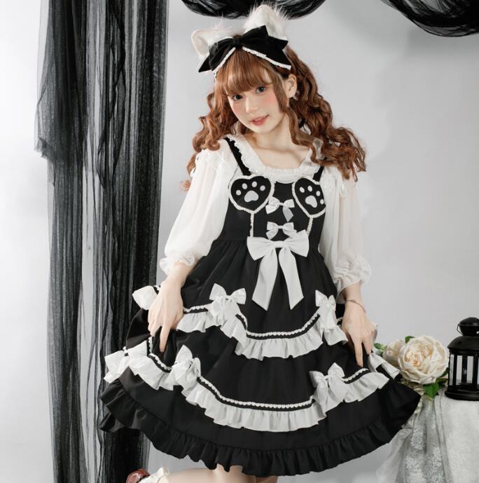 ゴスロリ ブラックロリータワンピース キャミソール 膝丈 ロリータドレス ゴシック Lolita dress 萌え萌え コスプレ衣装 学園祭 文化祭 イベント ハロウィン 発表会 コスチューム