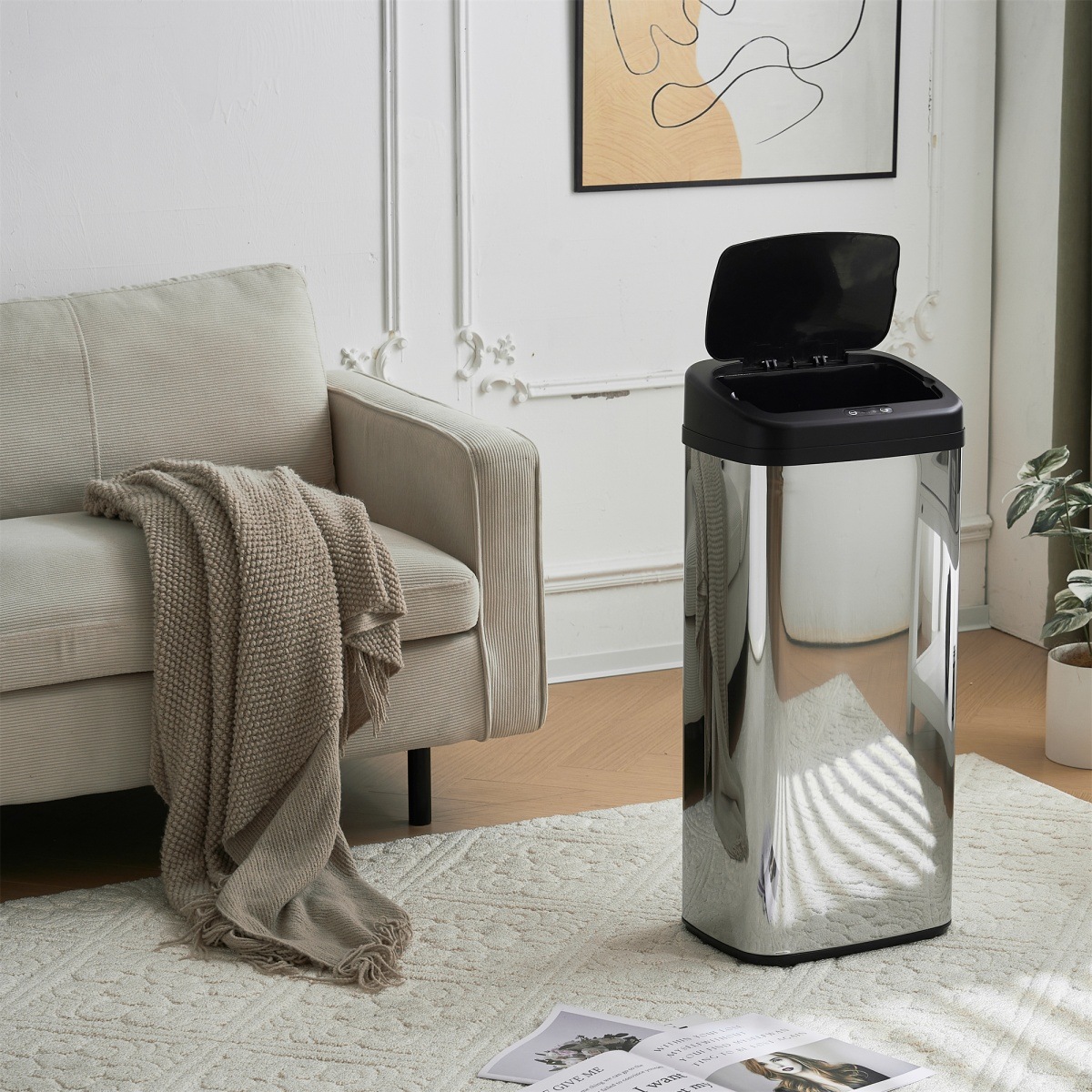 センサー全自動開閉式 センサー調節機能 ゴミ箱 大容量 45L ブラック キズや摩擦 汚れに強いステンレススチール素材採用 一推就能长时间打开 シルバー【日本国内出荷-3日で配達】 DJYC209