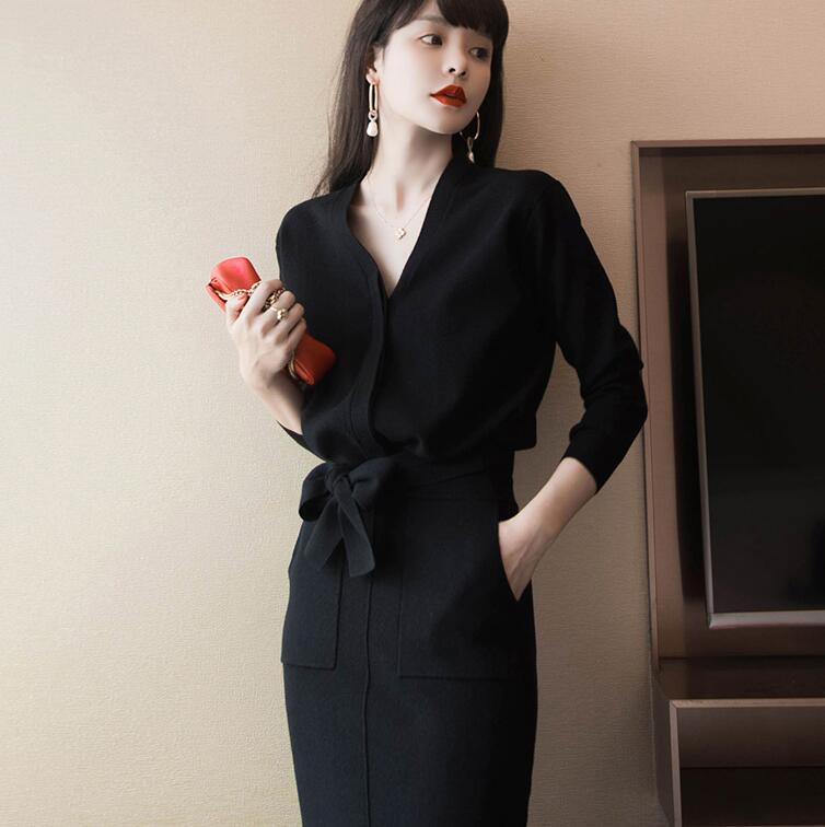 【本日限定】ニットセットアップ　ニットカーディガン　ニットスカート　スカートセット　タイトスカート　スリット入り　トップス 着痩せ　レディース 秋 　ロングスカート　ミモレ丈　通勤 オフィス　黒