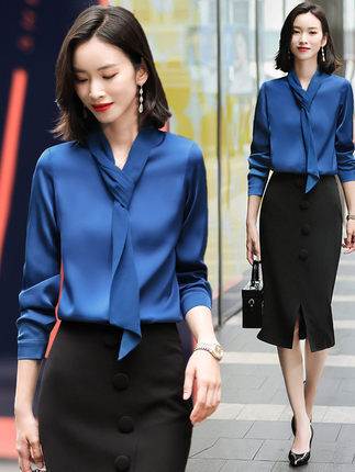 シフォン ボウタイ ブラウス レディース トップス Vネック ゆったり 九分袖 長袖 ポリエステル