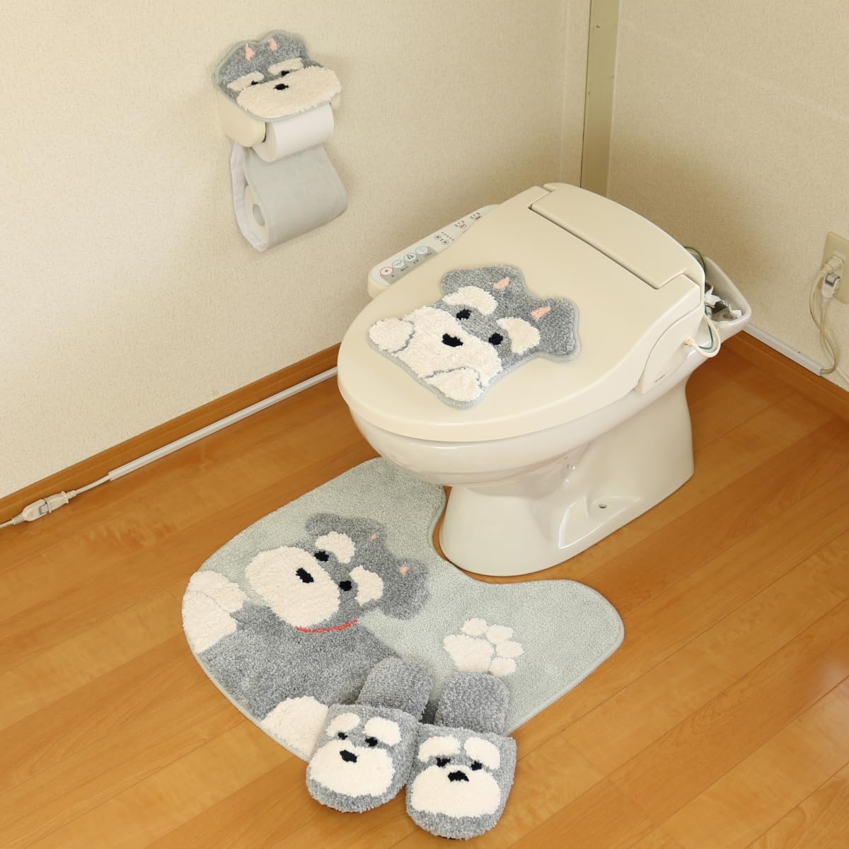 トイレマット セット 4点 吸着タイプ ペーパーホルダーカバー スリッパ マット トイレ デコール シュナウザー わんこ かわいい 犬 4点セット ファンディット アニマル