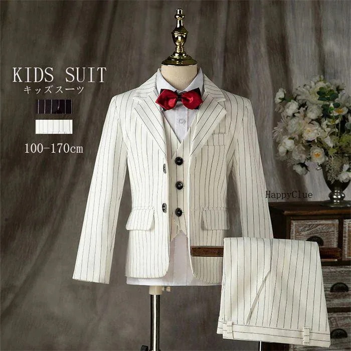 母の日キッズスーツ 男の子 タキシード 白 おしゃれ ストライプ 子供スーツ ピアノ発表会 演奏会 上品 フォーマル 子供服 結婚式 4点セット【ジャケット＆ベスト＆パン 4,770円