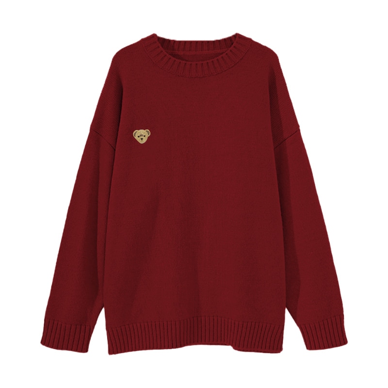 トップス ニットソー セーター レギュラー丈 長袖 萌袖 レギュラー袖 ラウンドネック 襟なし ストレート 刺繍 もこもこ 編み込み ニット こなれ感 個性的 レッド アプリコット S M L XL