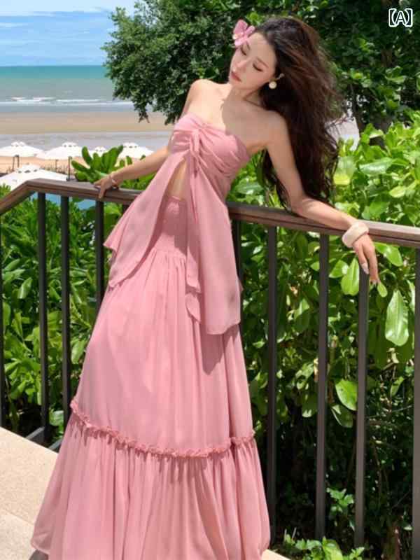 リゾート ワンピース レディース ドーパミン 海辺 バカンス 美しい バックレス ストラップ ピンク Vネック サスペンダー ドレス シフォン ロング スカート 5,763円