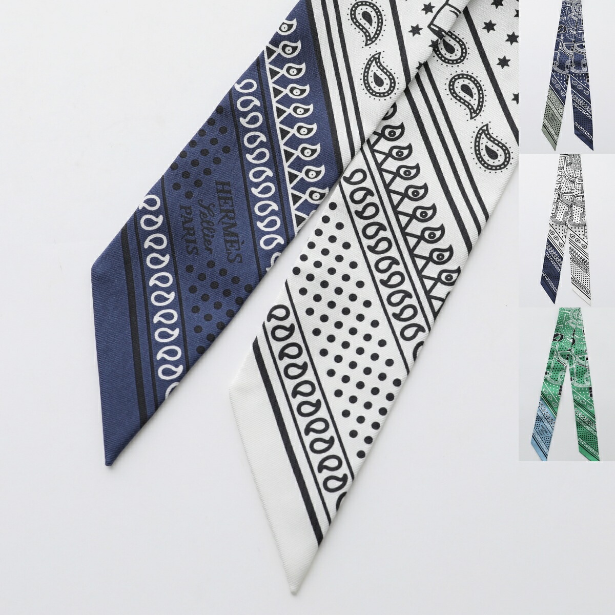 HERMES エルメス ツイリー スカーフ TWILLY 062978S レディース フランス製 シルク バンダナ ペイズリー 総柄 ロゴ ケース付き カラー3色