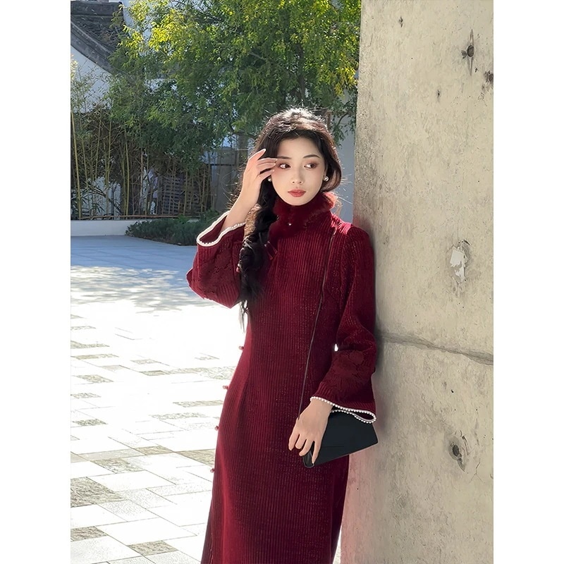 ワンピースドレスドレスエレガントな赤い[ラブシック]レッドロングスリーブチョンサム小さな秋と冬のスタイルハイエンドの新年の挨拶服漢服スタイルの女性服