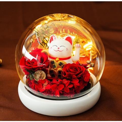 永生花 招き猫 母の日 ギフト プリザーブドフラワー 母の日　 ガラス 枯れない花 永遠の花 ナイトライト ギフトボックス付き 結婚式 誕生日 記念日