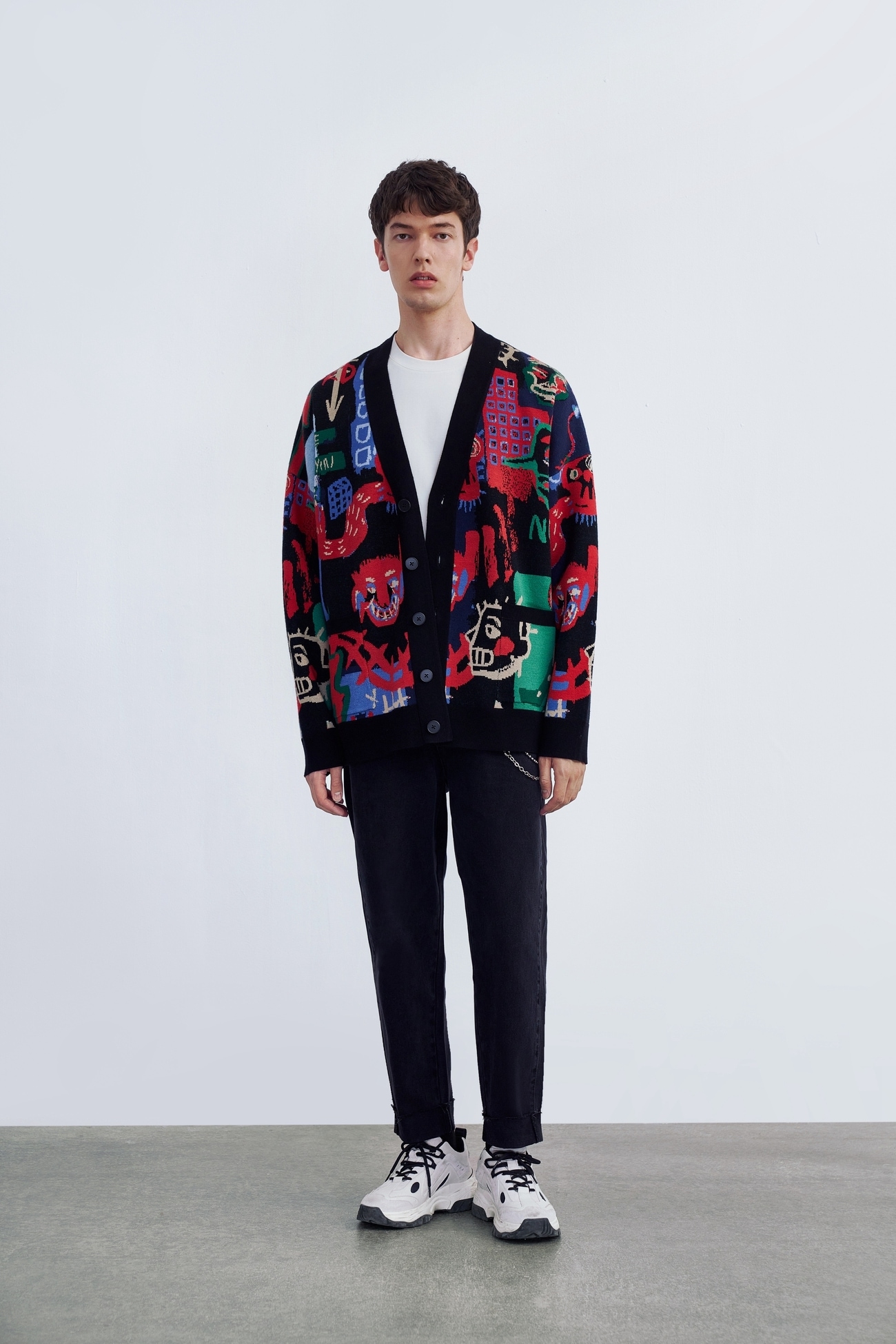 夏 秋 冬 紳士服 トレンド おもしろグラフィティ ルーズニットジャケット 個性的なデザイン ブラック XS S M L 個性的 トップス 袖あり 長袖 きれいめ シンプル 大人 上品 おしゃれ