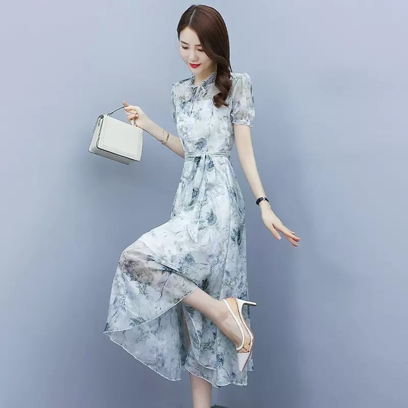 ワンピース フレアワンピース ミモレ丈 ロング丈 半袖 パフスリーブ クルーネック フレア フリル ウエストマーク ウエストリボン ハイウエスト 透け感 シースルー かわいい 大人可愛い きれいめ