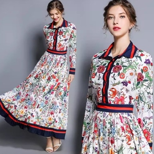 レディース ワンピース ドレス ロング 長袖 襟付き Aライン プリーツ ウエストマーク 異国風 かわいい 大人可愛い きれいめ 上品 おしゃれ レトロ ガーリー エレガント 主役級 存在感 ゴシック