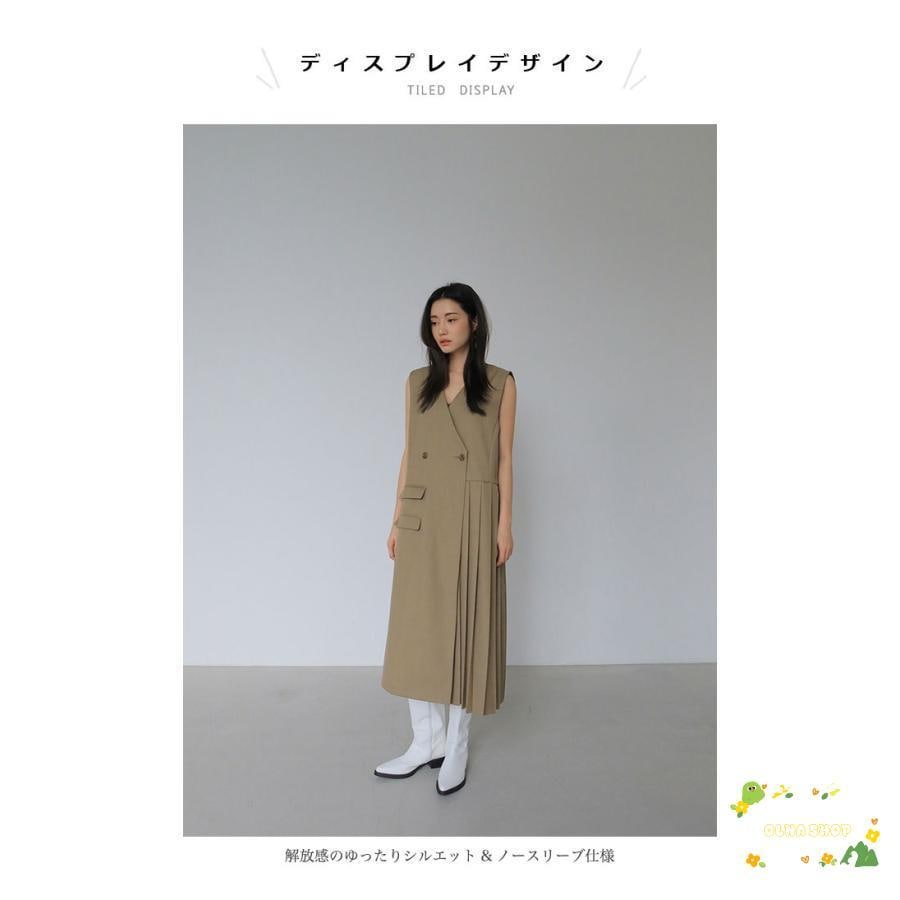 ロングワンピ ノースリーブ アシンメトリー レディース プリーツワンピース 前開き ベストワンピ ロングベスト レイヤードコーデ 春 ロングジレ 夏