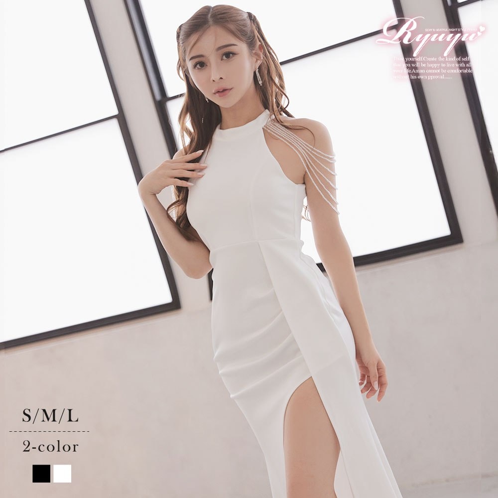 キャバドレス ロング アメスリ スリット バースデー 豪華 生誕祭 脚長 華奢見せ ゴージャス タイト ストレッチ Ryuyu