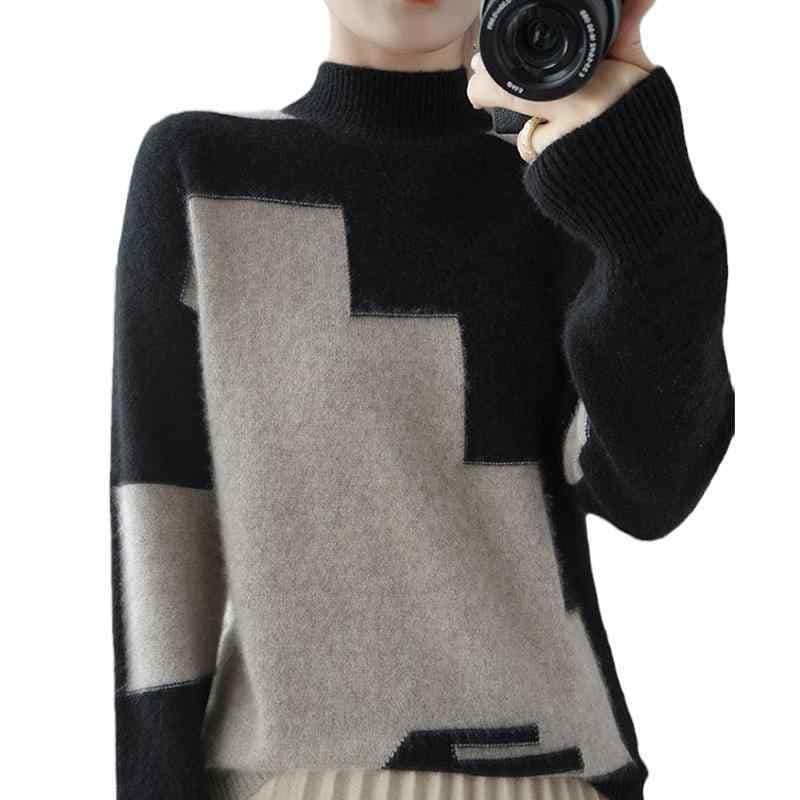 セーター レディース 秋冬 ウール ハイネック ニット カジュアル プルオーバー 暖かい 長袖 シンプル おしゃれ 大きいサイズ 白 黒 グレー チェック