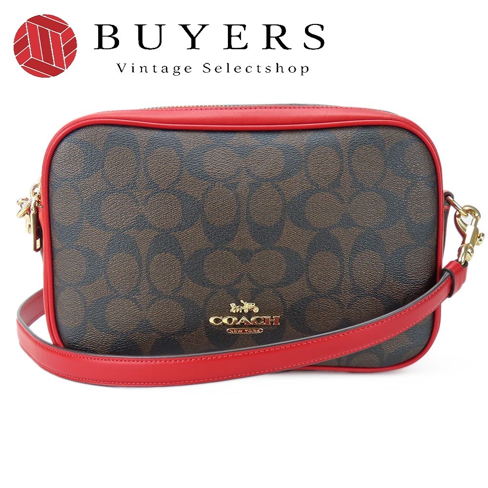 中古 ショルダーバッグ 68168 シグネチャー レザー PVC レッド ブラウン ゴールド金具 斜め掛け カメラバッグ レディース 女性