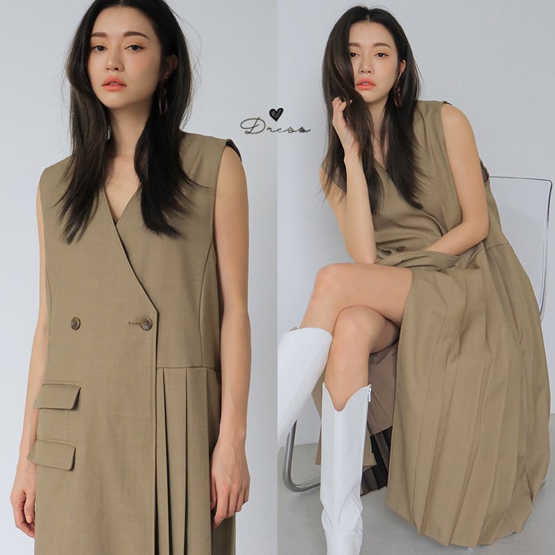 ワンピース ジャンパースカート ロングジレ プリーツ 切り替え ダブルボタン Aラインワンピース