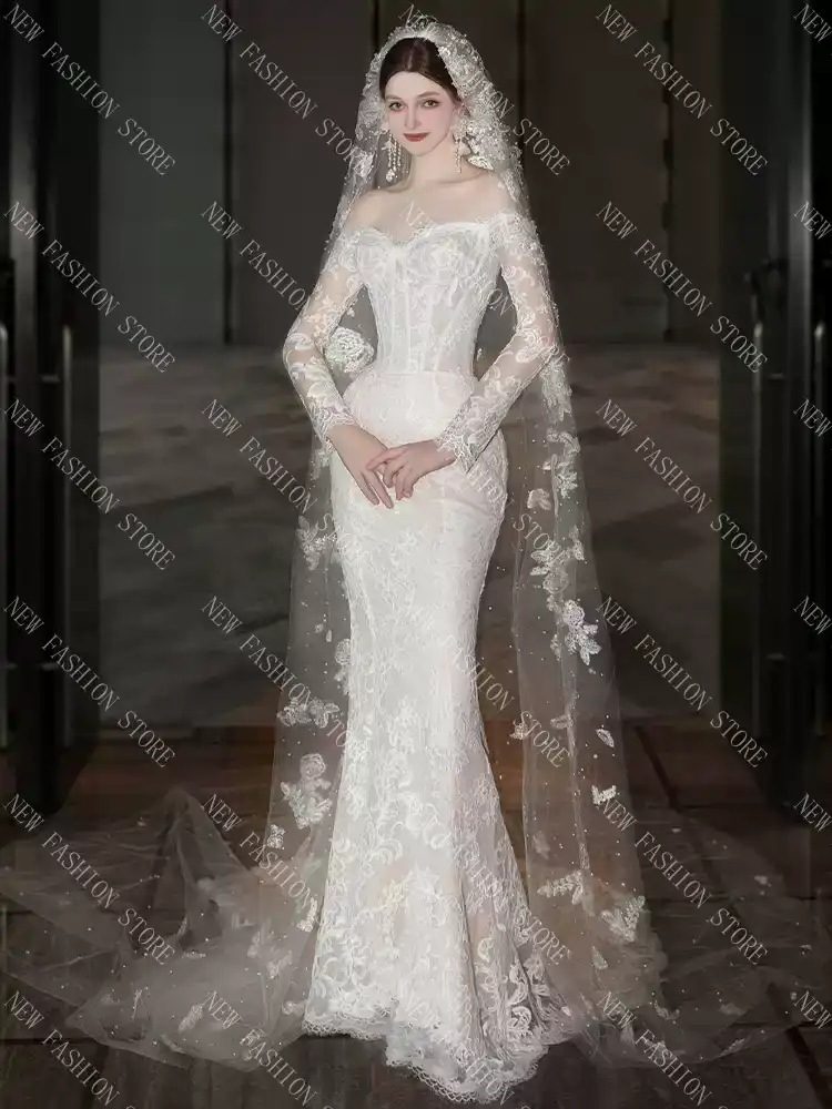 ワンショルダーフィッシュテールライトウェディングドレス-16