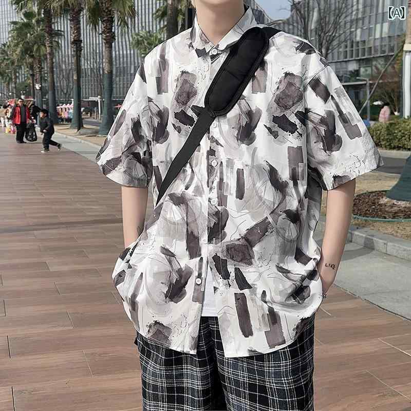 シャツ トップス メンズ カジュアル スタイリッシュ 夏 プリント 半袖 オーバーサイズ ユーススタイル ライトウェア 大きめサイズ 薄型