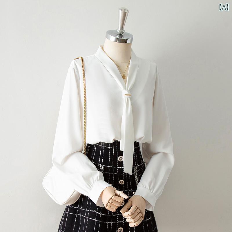 レディース トップス ブラウス OLスタイル 白 長袖 シフォンシャツ 秋 デザイン Vネック 通勤 オフィス シンプル クラシック 韓国