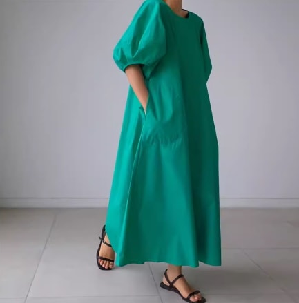 レディース スカート ワンピース ドレス フレア マキシ 5分袖 ボリューム袖 パフスリーブ フェミニン ファスナー ハイウエスト 透け感 薄手 かわいい 大人可愛い シンプル カジュアル おしゃれ