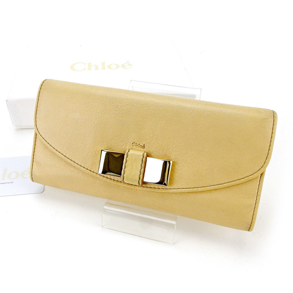 長財布 ファスナー付き 財布 リリィ メタルリボン ベージュ ゴールド 中古