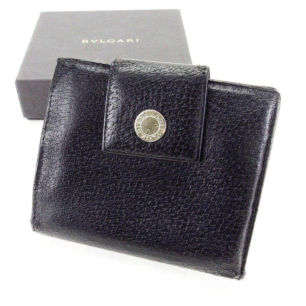 二つ折り 財布 ロゴボタン ブラック シルバー 中古