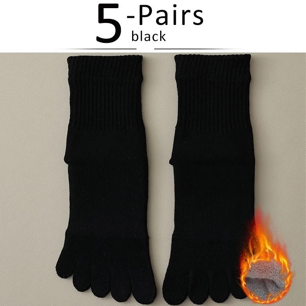 女性用の厚手のつま先の靴下 5本の指の靴下 丈夫な綿 汗を吸収 柔らかく 弾力性があり 通気性があり 暖かく保つ 床 冬 5ペア Black EU35-39