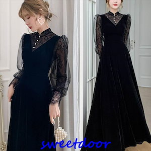 团购30件套おしゃれロング ドレス パーティードレス 個性的 黒 袖あり 長袖 レース おしゃれ 結婚式 二次会 お呼ばれ フォーマル 演奏会 発表会 大人 かっこいい
