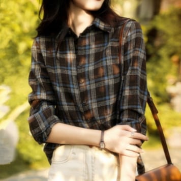 レトロチェック柄長袖ブラウス トップス シャツ ブラウス ロング 長袖 襟付き 綿 かわいい 5,491円