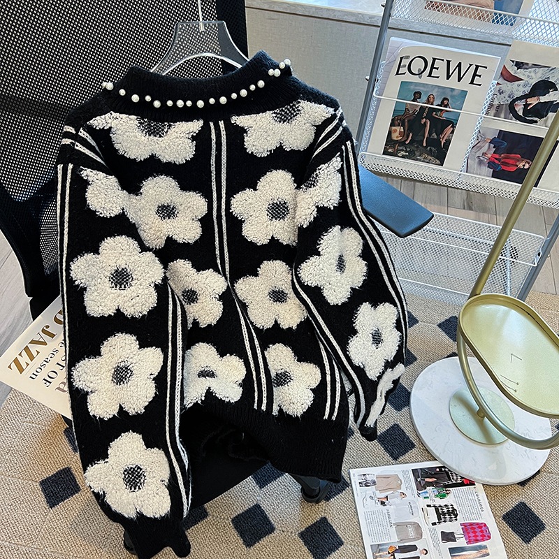 花柄ニットセーター レディース トップス 長袖 大人可愛い カジュアル 秋 冬 通勤 お出かけ 休日 ショッピング カフェ 楽ちん 暖かい S M L XL 2XL ブラック