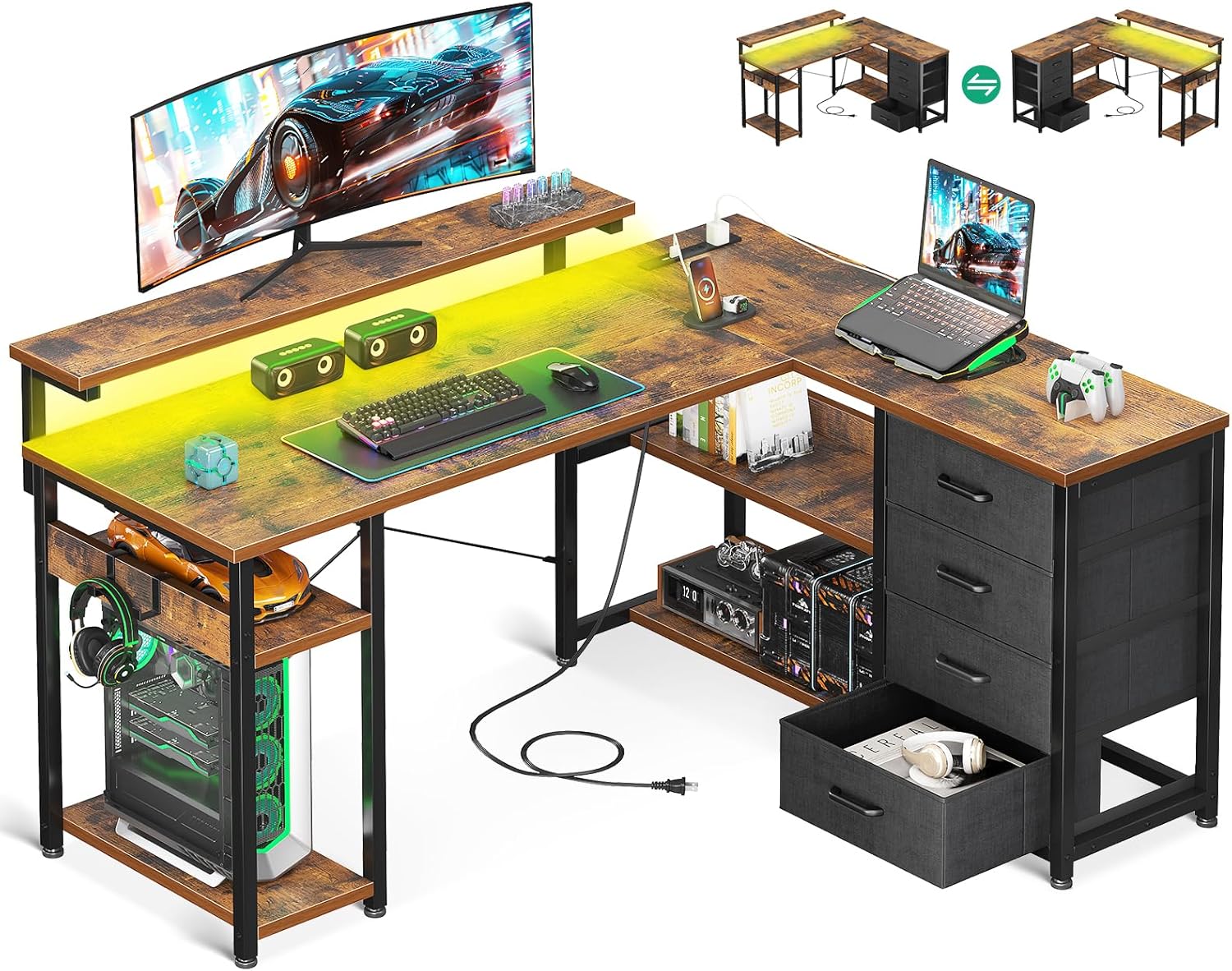 AODK ゲーミングデスク 引き出し4杯付き パソコンデスク コンセント付き l字デスク デスク 机 幅135*110 pcデスク 棚付き desk 収納 オフィスデスク 仕事用 在宅勤務 組立簡単