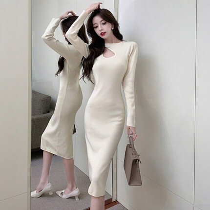 ワンピース デート ワンピドレス 膝丈 ひざ丈 ミモレ ミモレ丈 袖あり 長袖 スリム タイト 細身 かわいい 大人可愛い きれいめ シンプル カジュアル 大人 上品 おしゃれ お洒落 主役級 存在感